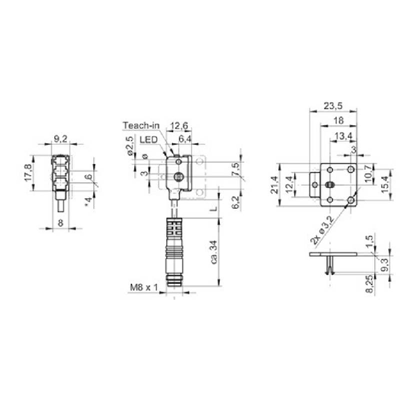 Cellule Bar. reflex PNP P=500mm LR LO/DO Plast Radial / M08 4P+C0.2m-Lire la description