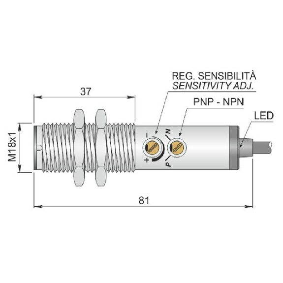 Cellule Directe M18 PNP/NPN P=200mm IR LO/DO Métal Axial / Câble 2m-Lire la description