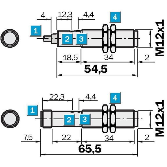 Cellule Directe M12 PNP P=100mm Teach IR LO/DO Métal Axial / Câble 2m-Lire la description