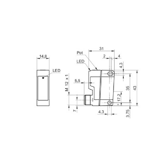 Cellule Directe PNP P=600mm Pot. LR LO/DO Plast. 31*43*14 / M12 4P-Lire la description