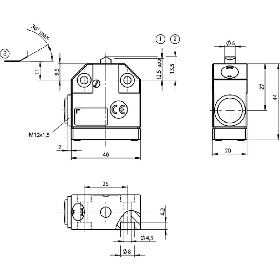 Fdc monopiste de précision NB01, Poussoir en toit, SPDT, M12x1.5 Fdc monopiste de précision NB01, Poussoir en toit, SPDT, M12x1.5-Lire la description