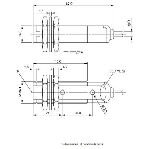 Cellule Directe M18 NPN P=100mm IR LO/DO Plast. Axial / Câble 2m-Lire la description