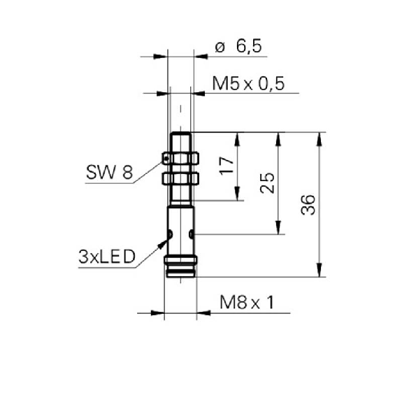 DPI M05 NPN NO P1,6mm noyé lg36mm 10-30Vdc / M08 3P-Lire la description