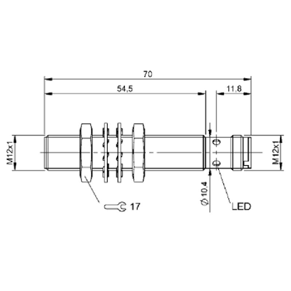 DPI M12 PNP NO+NF P2mm noyé lg70(40.5)mm Inox 10-30Vdc / M12 4P-Lire la description