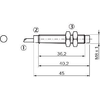 DPI M08 NPN NO P2.5mm non noyé lg45(36.2)mm Laiton / Câble 2m PVC-Lire la description