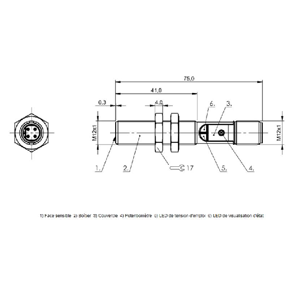 DPC M12 PNP NO P4mm noyé lg75(41)mm Inox / M12 4P-Lire la description