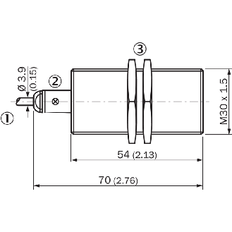 DPI M30 NPN NF P15mm noyé lg70(54)mm Laiton 10-30Vdc / Câble 2m PVC-Lire la description
