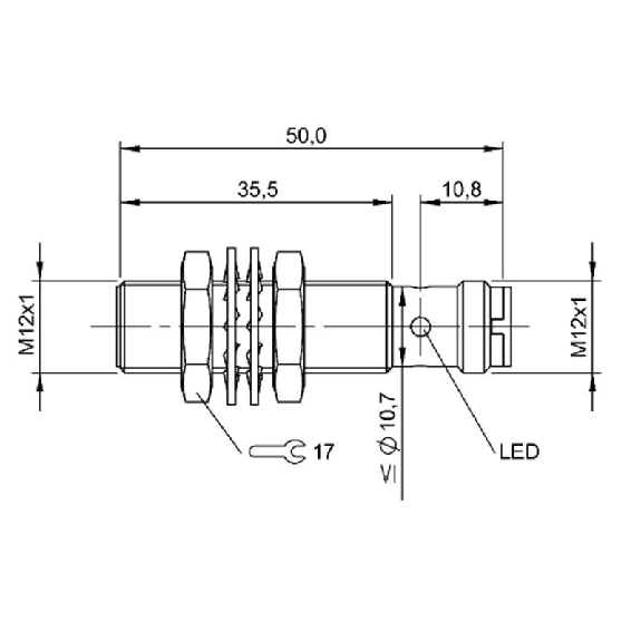 DPI M12 2 fils DC NO P3mm noyé lg50(35,5)mm 10-36Vdc / M12 4P-Lire la description