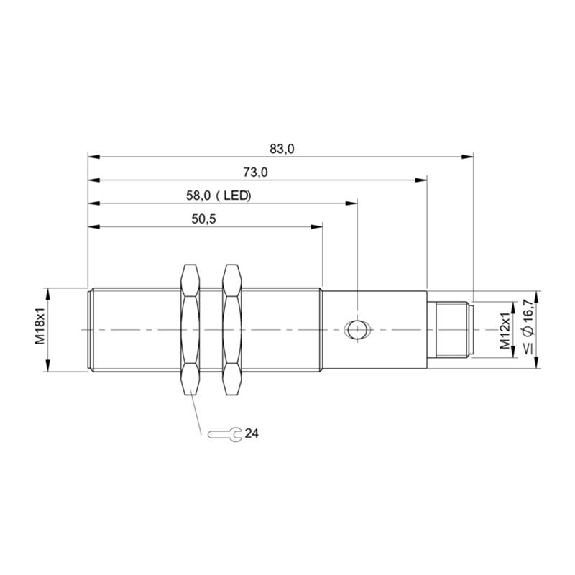 DPI M18 PNP NO+NF P5mm noyé 83(50.5)mm Laiton 10-30Vdc / M12 4P-Lire la description