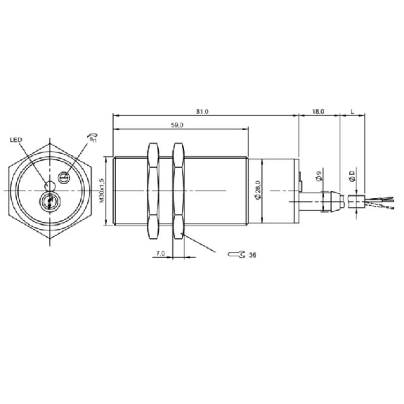 DPC M30 2 fils AC/DC NF P12mm non noyé lg99(59)mm 20-250V / Câble 2m-Lire la description