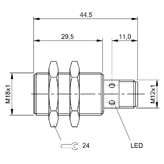 DPI M18 PNP NO P5mm noyé 44,5(29,5)mm Laiton 10-30Vdc / M12 4P-Lire la description