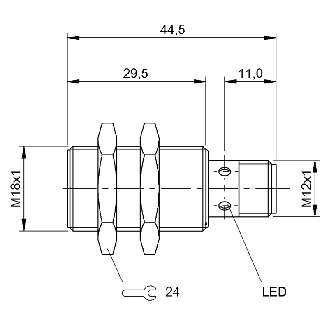 DPI M18 PNP NO P5mm noyé 44,5(29,5)mm Laiton 10-30Vdc / M12 4P-Lire la description