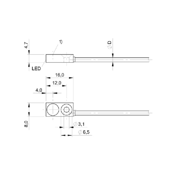 DPI Rect. PNP NO P2mm noyé 16x8x4,7mm Laiton / Câble 2m PUR-Lire la description