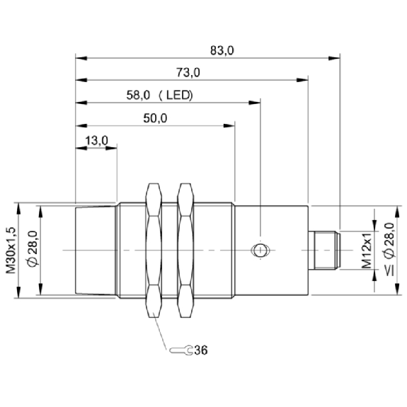 DPI M30 PNP NO P15mm non noyé lg83(37)mm Laiton / M12 4P-Lire la description