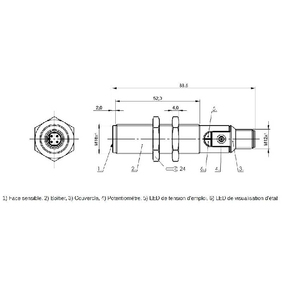 DPC M18 PNP NF P8mm noyé lg88,5(52)mm Plast. / M12 4P-Lire la description