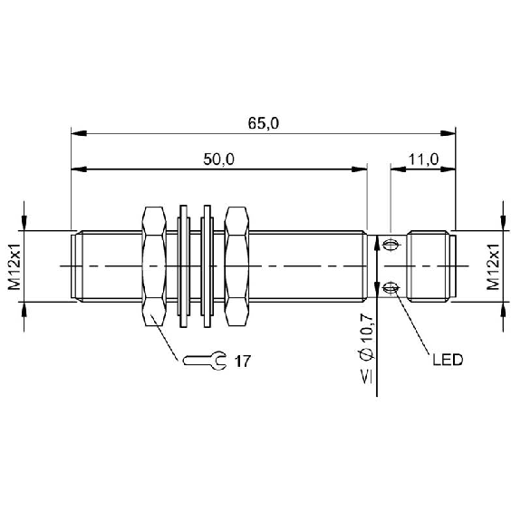 DPI M12 PNP NO P8mm quasi noyé lg65(50)mm Laiton 10-30Vdc / M12 4P-Lire la description