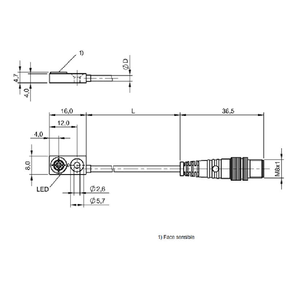 DPI Rect. PNP NF P1,5mm noyé 8x16x4.7mm Plast. / M08 3P+C0.13m-Lire la description