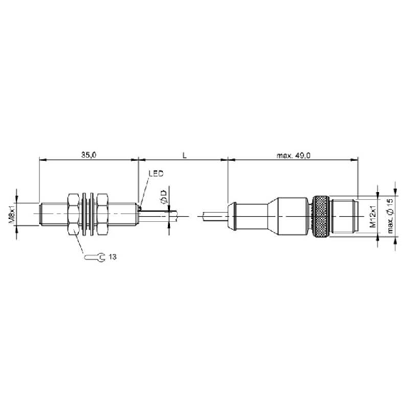 DPI M08 PNP NF P1,5mm noyé lg35mm Inox 10-30Vdc / M12 4P+C2m-Lire la description