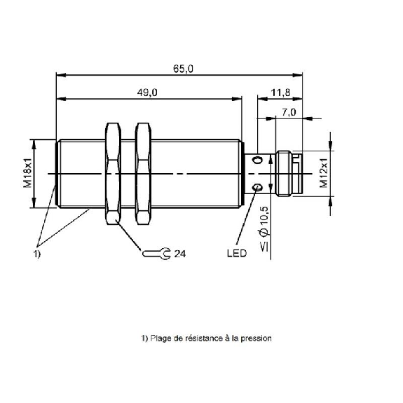 DPI HP M18 PNP NO P7,2mm noyé 65(49)mm Tout-Inox PTFE 40bar /M12 4P-Lire la description