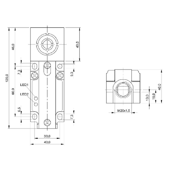 DPI Rect. PNP NO+NF P20mm noyé 40x40x120mm 10-55Vdc / Bornier-Lire la description