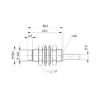 DPI M12 NPN NO P4mm non noyé lg35.5(29.5)mm Laiton / Câble 3m-Lire la description