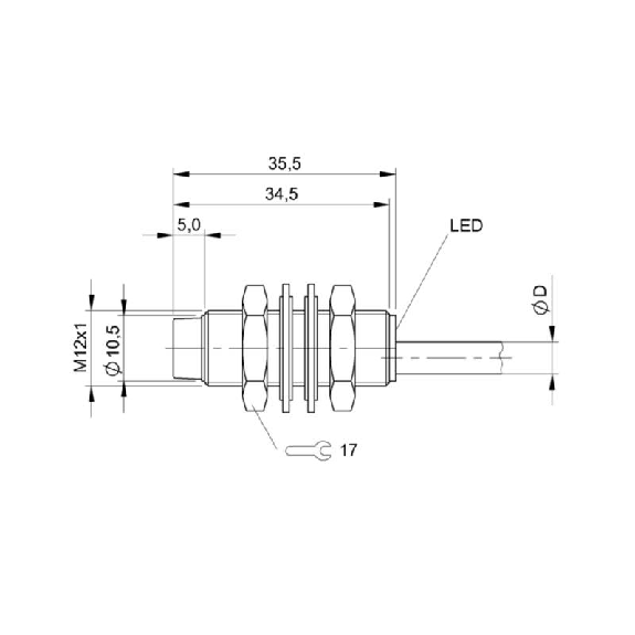DPI M12 NPN NO P4mm non noyé lg35.5(29.5)mm Laiton / Câble 3m-Lire la description