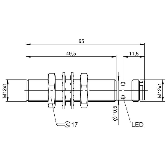DPI M12 PNP NO P4mm noyé lg65(49,5)mm Laiton 10-30Vdc IP68 / M12 4P-Lire la description