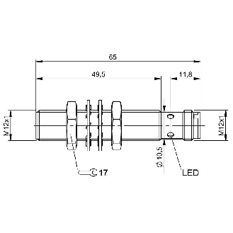 DPI M12 PNP NO P4mm noyé lg65(49,5)mm Laiton 10-30Vdc IP68 / M12 4P-Lire la description