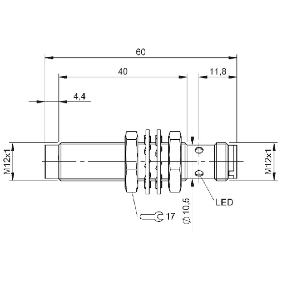 DPI M12 PNP NO P12mm non noyé 60(40)mm Laiton 10-30Vdc / M12 3P-Lire la description