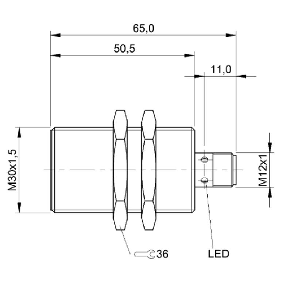 DPI M30 PNP NO P10mm noyé lg65(50,5)mm Laiton 12-30Vdc / M12 4P-Lire la description