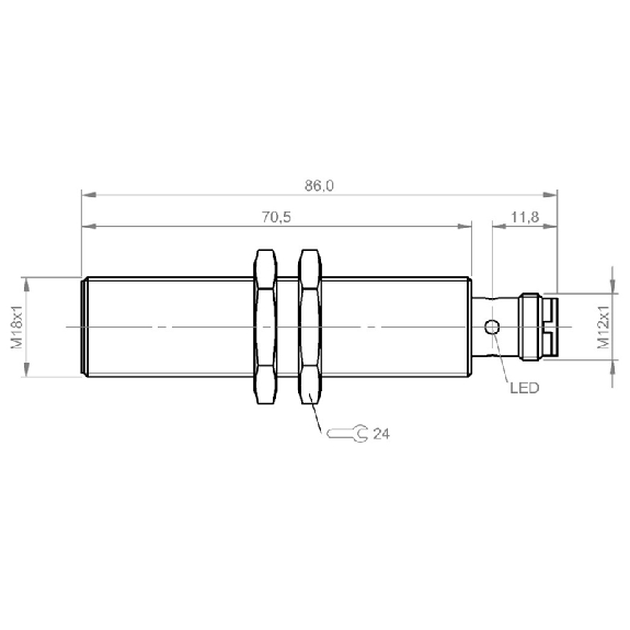 DPI M18 PNP NO P5mm noyé 86(70,5)mm Laiton 10-30Vdc / M12 4P-Lire la description