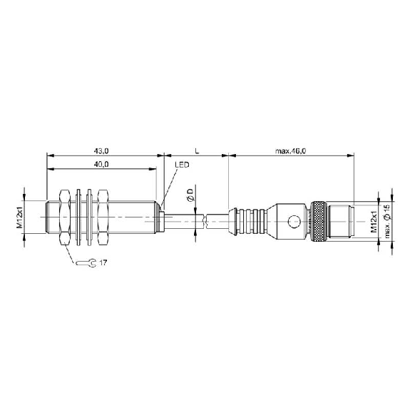 DPI M12 2 fils DC NO P3mm noyé lg43mm Laiton / M12 4P+C0.3m-Lire la description