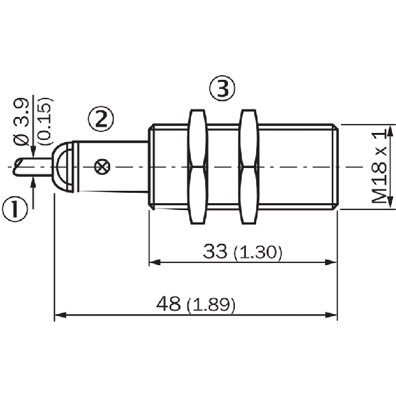 DPI M18 NPN NF P8mm noyé lg48(33)mm Laiton 10-30Vdc / Câble 2m PVC-Lire la description
