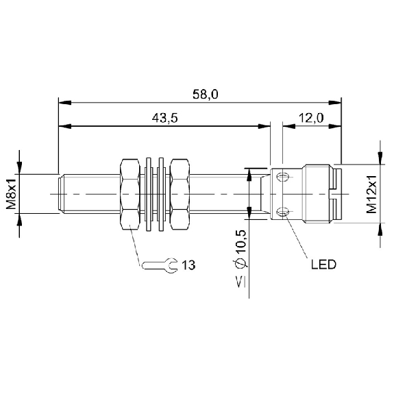 DPI M08 NPN NO P1,5mm noyé lg58(43,5)mm Inox / M12 4P-Lire la description