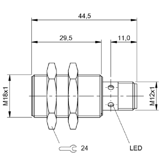 DPI M18 PNP NO P8mm noyé lg44,5(29,5)mm Laiton 10-30Vdc / M12 4P-Lire la description