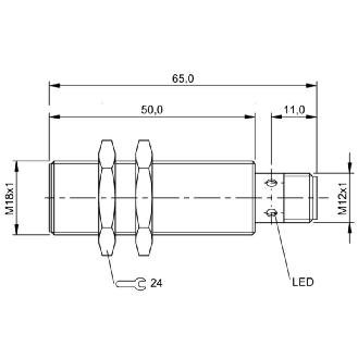 DPI M18 NPN NF P8mm noyé lg65(50)mm Laiton 10-30Vdc / M12 4P-Lire la description