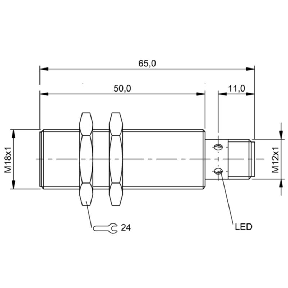 DPI M18 NPN NF P8mm noyé lg65(50)mm Laiton 10-30Vdc / M12 4P-Lire la description