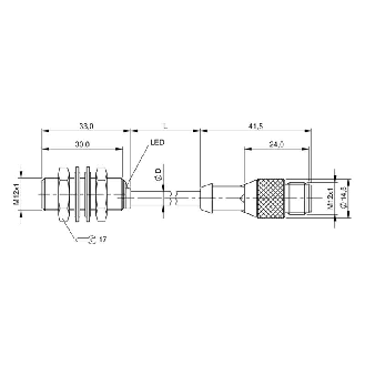 DPI M12 PNP NO P4mm noyé lg33mm Laiton 10-30Vdc / M12 4P+C0.5m-Lire la description