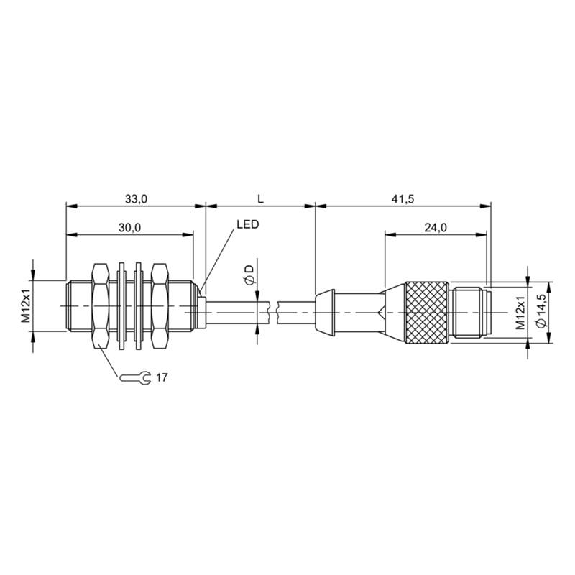 DPI M12 PNP NO P4mm noyé lg33mm Laiton 10-30Vdc / M12 4P+C0.5m-Lire la description