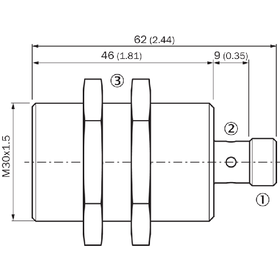 DPI M30 PNP NO P15mm noyé Fact1 62(45)mm Laiton PTFE / M12 4P-Lire la description