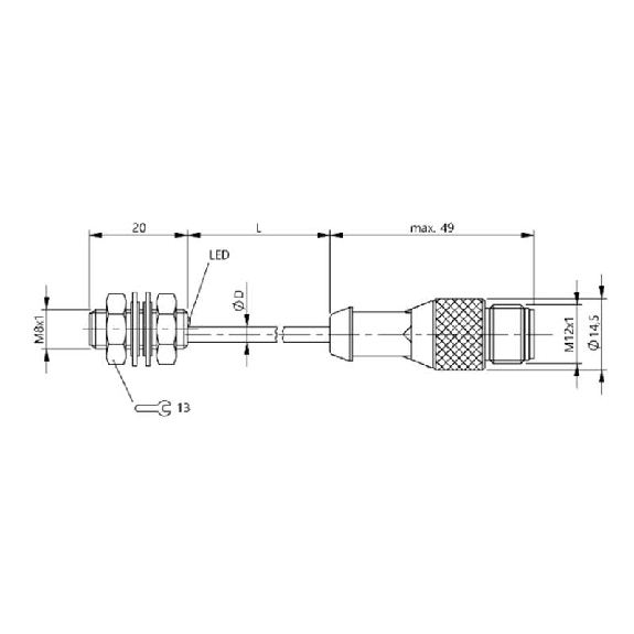 DPI M08 PNP NO P1,5mm noyé lg20mm Inox 10-30Vdc / M12 4P+C1.5m-Lire la description