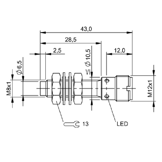 DPI M08 PNP NO P2,5mm non noyé lg43(23)mm Inox / M12 4P-Lire la description