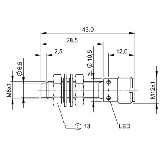 DPI M08 PNP NO P2,5mm non noyé lg43(23)mm Inox / M12 4P-Lire la description