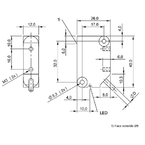 DPI Rect. PNP NO P2mm noyé 26x40x12mm 10-30Vdc / Câble 2m PUR-Lire la description