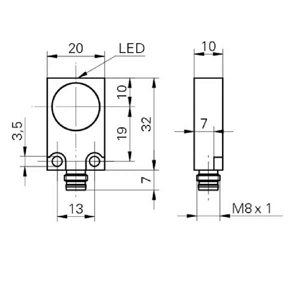 DPI Rect. NPN NO P8mm noyé 20x10x32mm 10-30Vdc / M08 3P-Lire la description