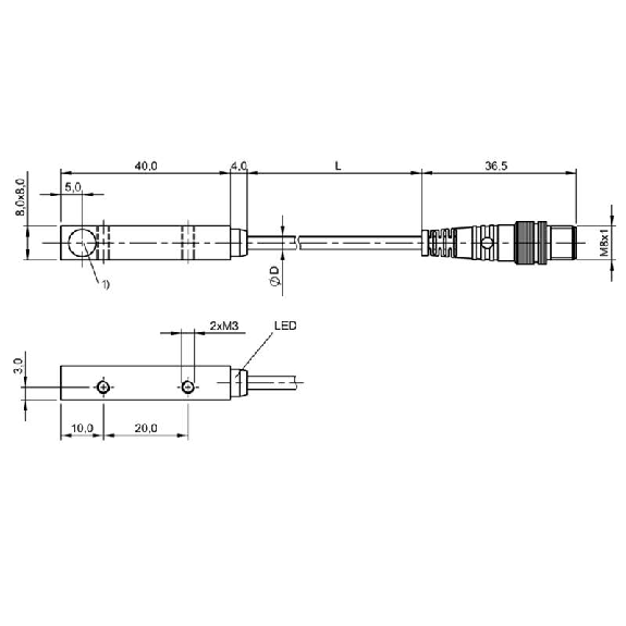 DPI Rect. PNP NO P2mm noyé 8x8x40mm / M08 3P+C0.32m-Lire la description