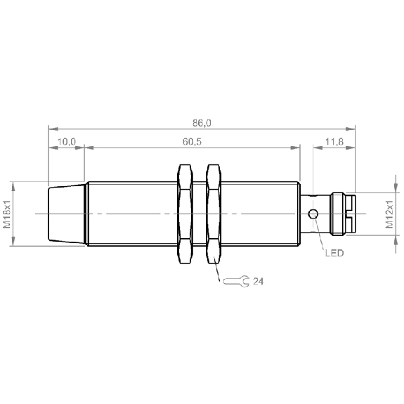 DPI M18 PNP NO+NF P16mm non noyé 86(60.5)mm Laiton 10-55Vdc / M12 4P-Lire la description