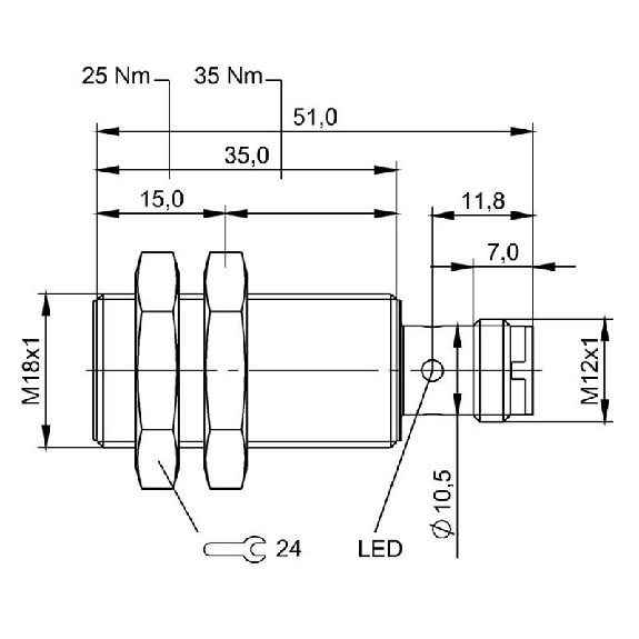 DPI M18 2 fils DC NO P7mm noyé lg51(35)mm 10-36Vdc / M12 4P-Lire la description