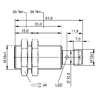 DPI M18 2 fils DC NO P7mm noyé lg51(35)mm 10-36Vdc / M12 4P-Lire la description