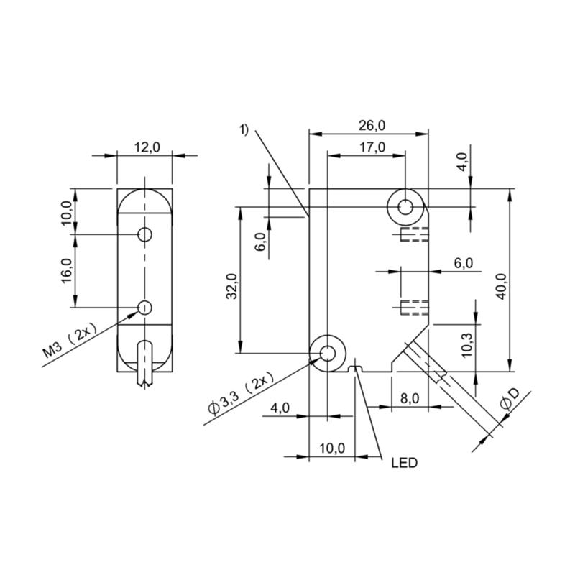 DPI Rect. PNP NO P2mm noyé 26x40x12mm 10-30Vdc / Câble 5m PUR-Lire la description